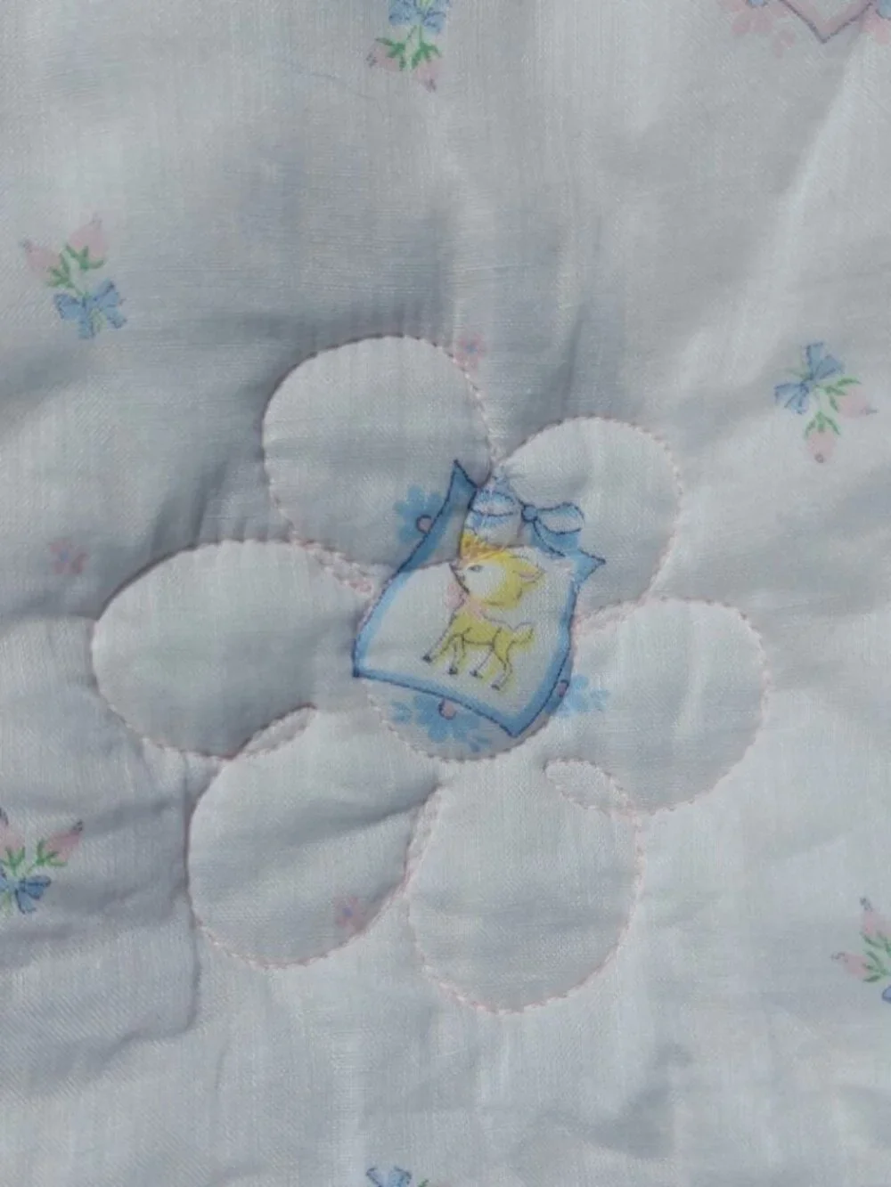 Vintage Baby Quilt Blanket Fabric & Lace 1980s Pastel Farm Animals Quiltron